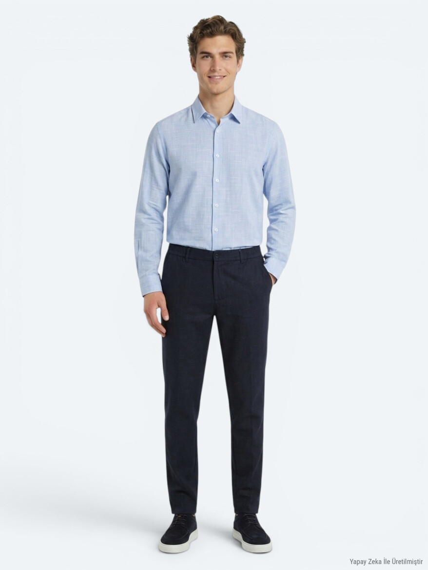 Lacivert Dokuma Relaxed Fit Casual Pamuk Karışımlı Pantolon - KİP