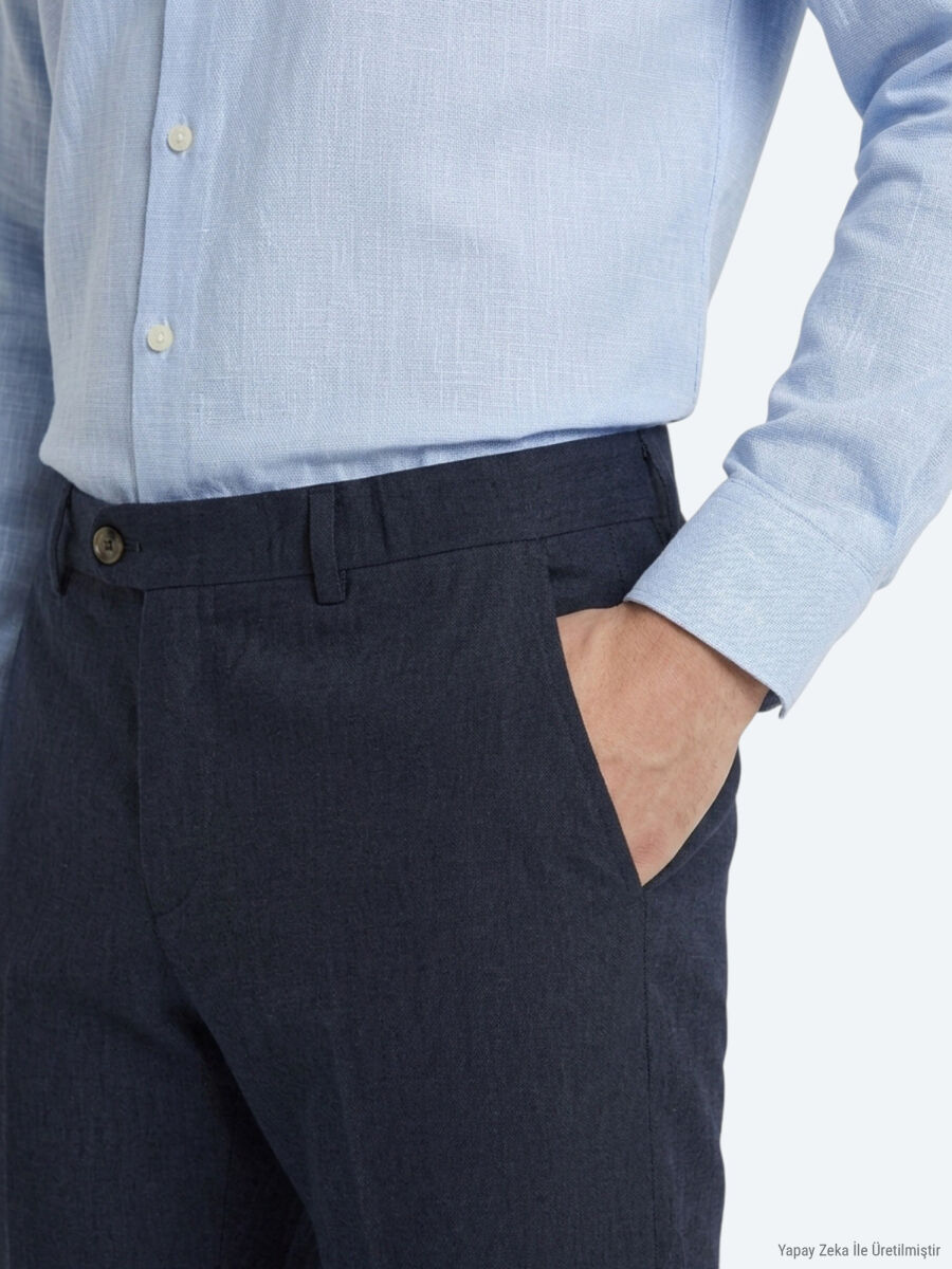 Lacivert Dokuma Relaxed Fit Casual Pamuk Karışımlı Pantolon - 2