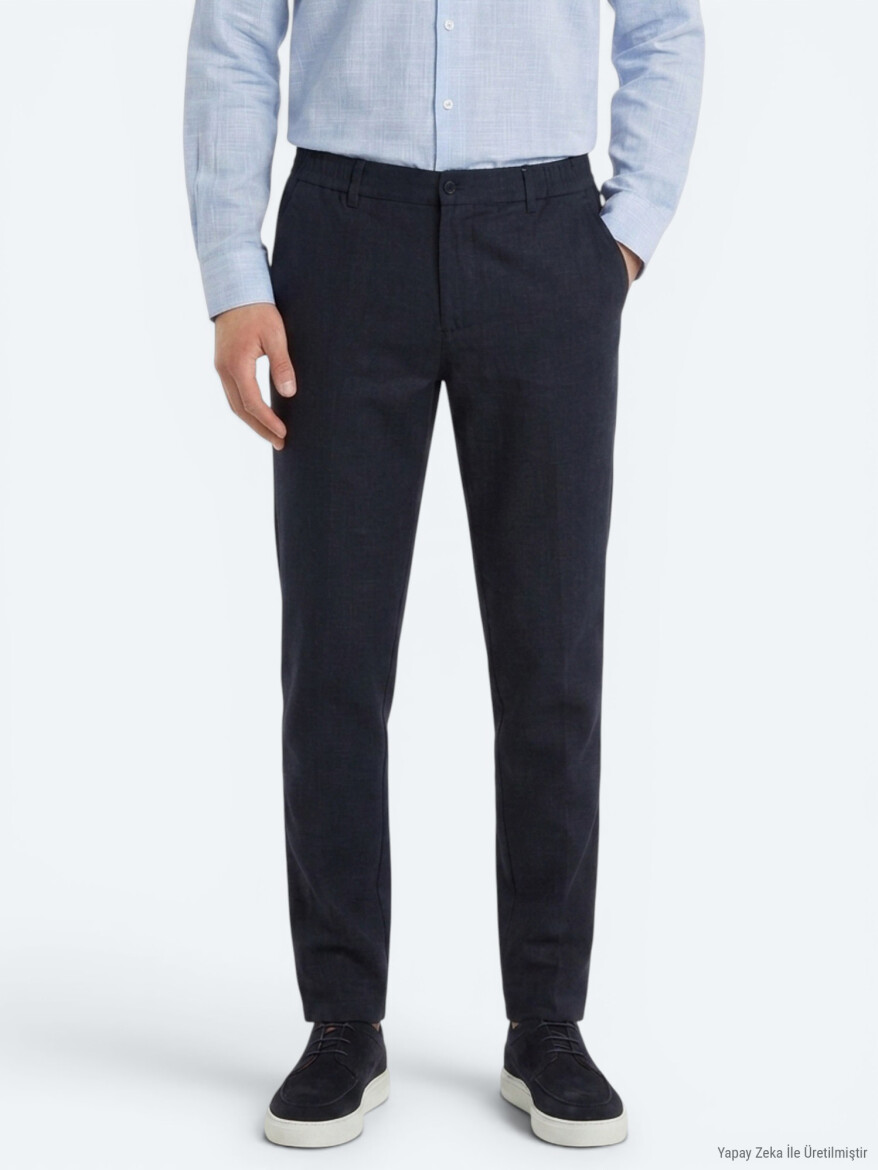 Lacivert Dokuma Relaxed Fit Casual Pamuk Karışımlı Pantolon - 4