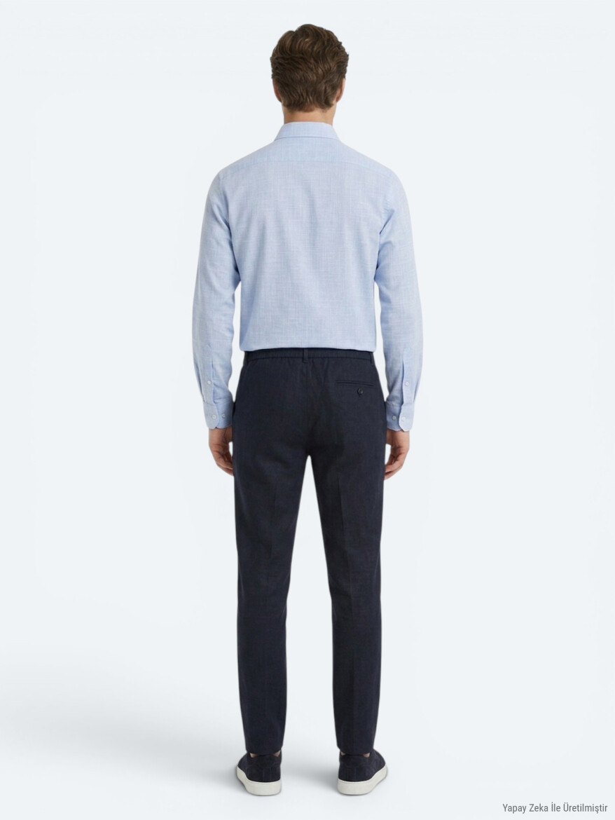 Lacivert Dokuma Relaxed Fit Casual Pamuk Karışımlı Pantolon - 5