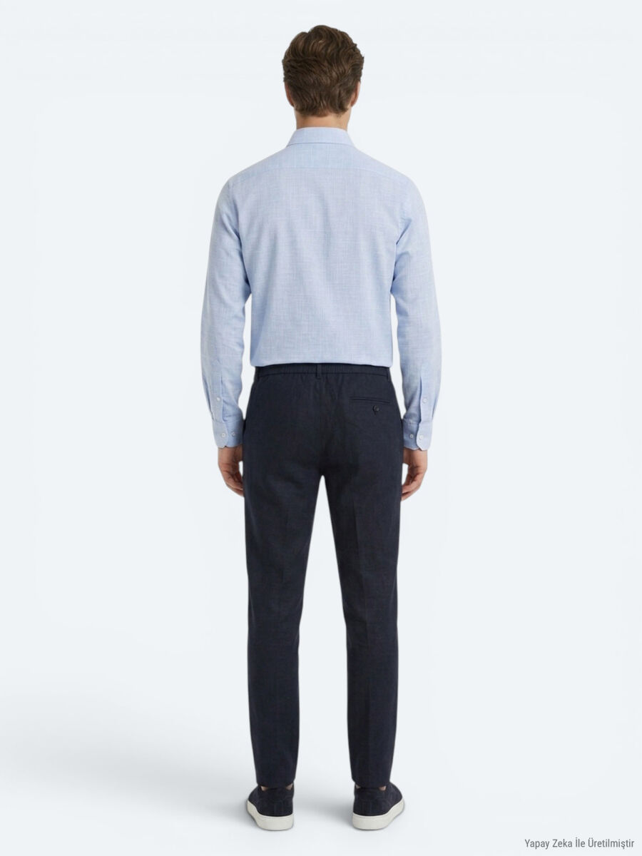 Lacivert Dokuma Relaxed Fit Casual Pamuk Karışımlı Pantolon - 5