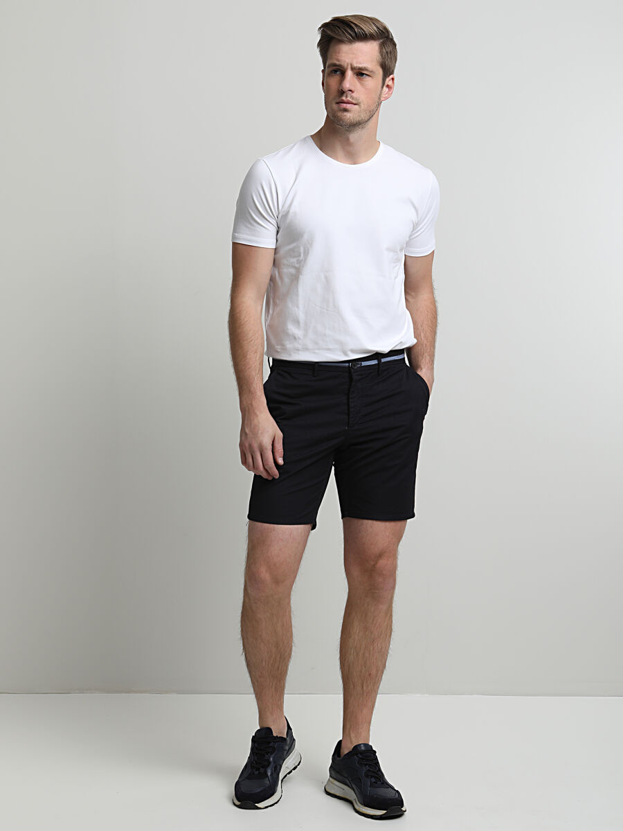 Lacivert Dokuma Slim Fit Casual Pamuk Karışımlı Bermuda - 1