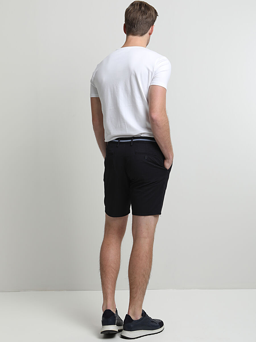 Lacivert Dokuma Slim Fit Casual Pamuk Karışımlı Bermuda - 4