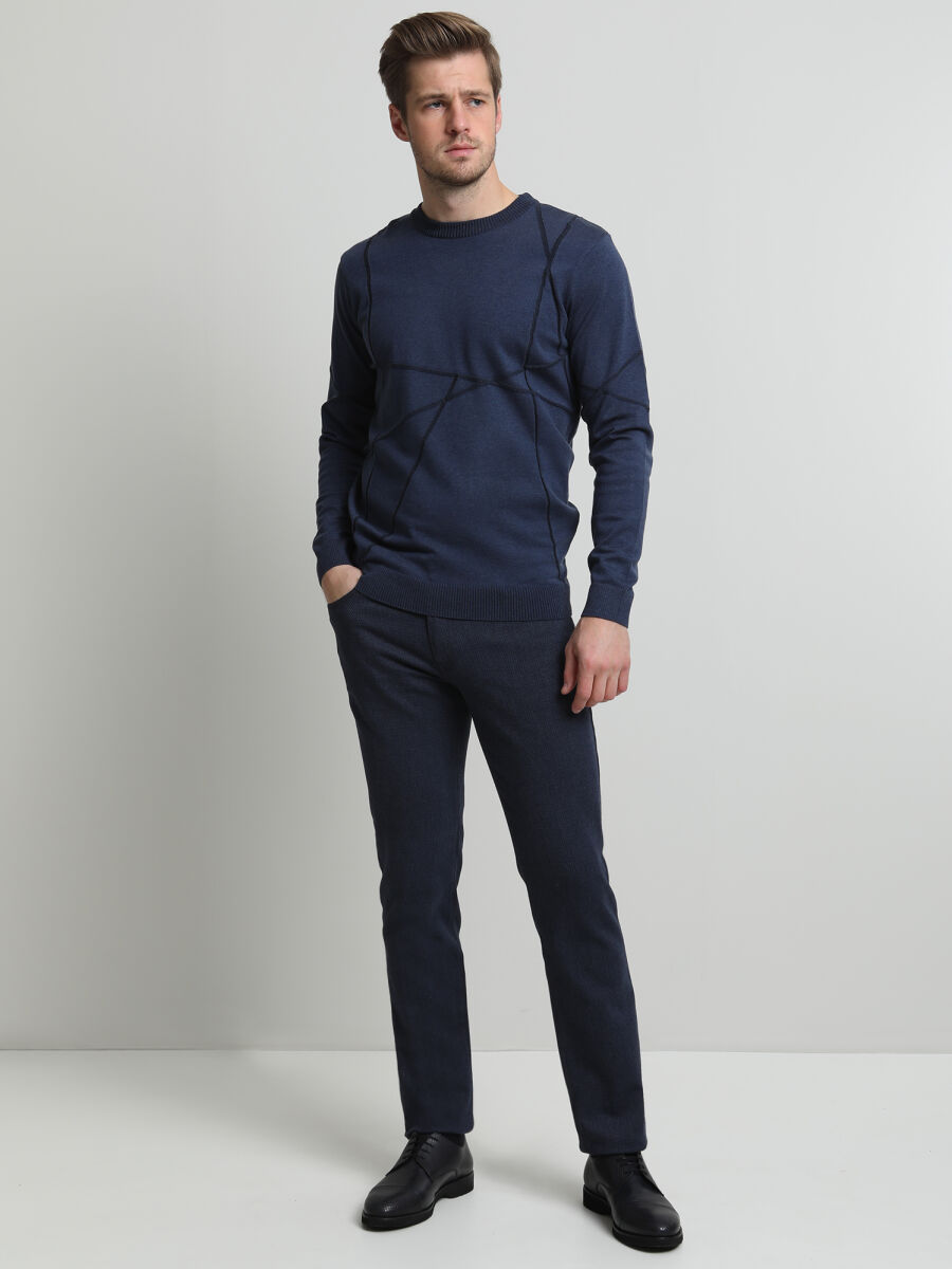 Lacivert Dokuma Slim Fit Casual Pamuk Karışımlı Pantolon - 1