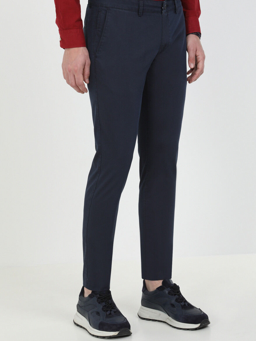 Lacivert Dokuma Slim Fit Casual Pamuk Karışımlı Pantolon - 2