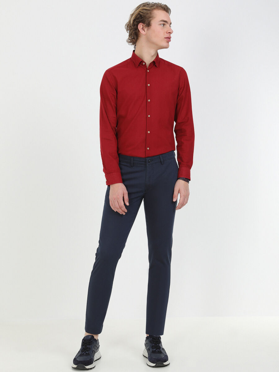 Lacivert Dokuma Slim Fit Casual Pamuk Karışımlı Pantolon - 4