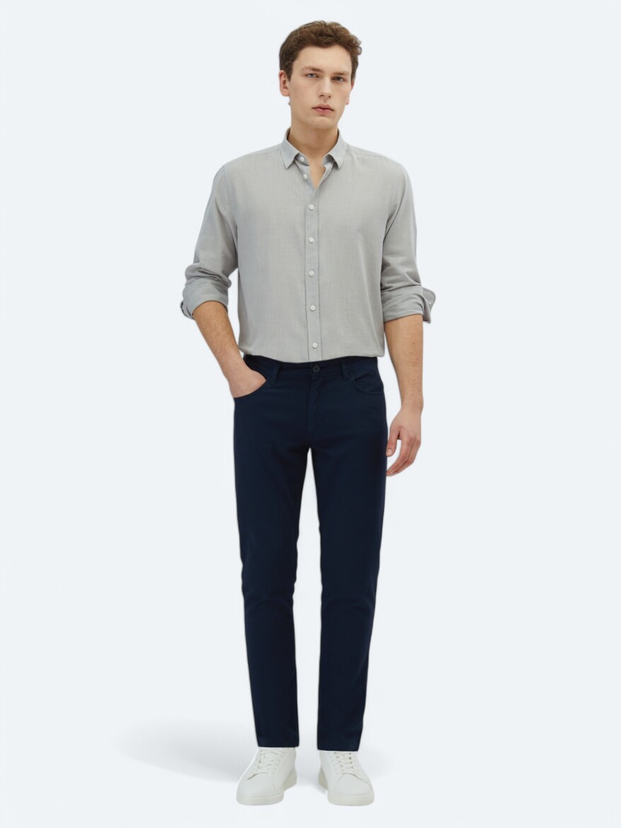 Lacivert Dokuma Slim Fit Casual Pamuk Karışımlı Pantolon - 1