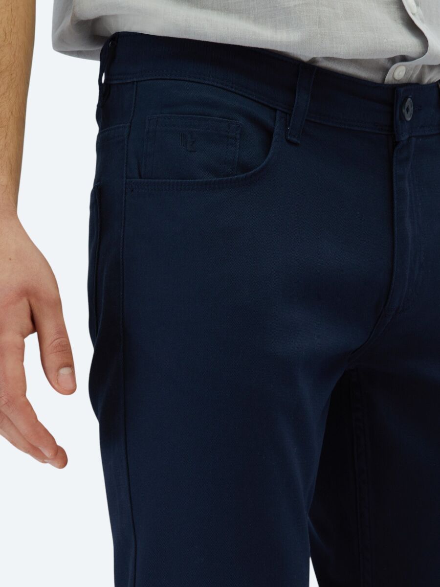 Lacivert Dokuma Slim Fit Casual Pamuk Karışımlı Pantolon - 3