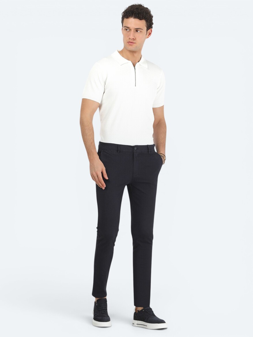Lacivert Dokuma Slim Fit Casual Pamuk Karışımlı Pantolon - KİP