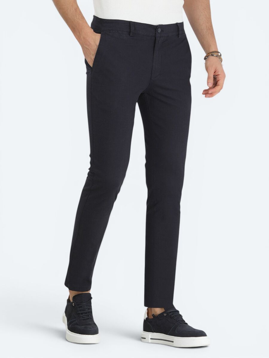Lacivert Dokuma Slim Fit Casual Pamuk Karışımlı Pantolon - 2