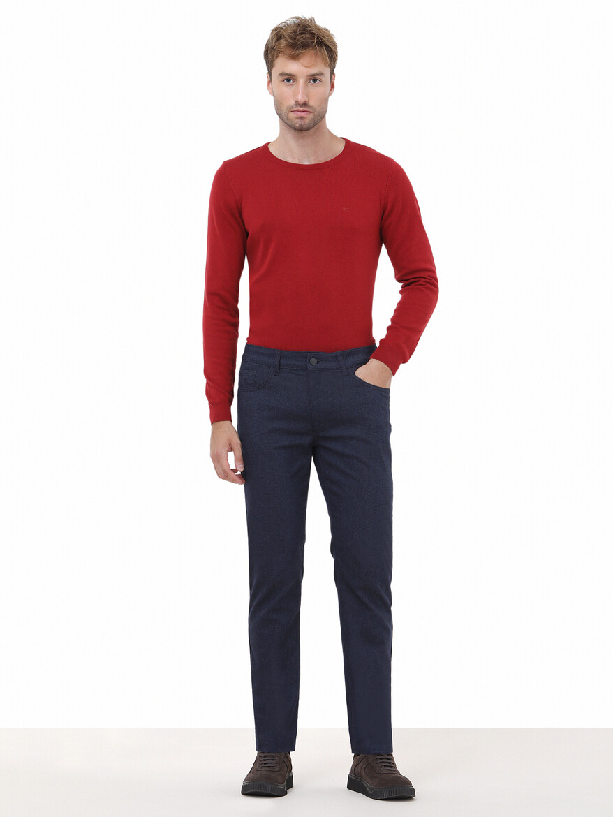 Lacivert Dokuma Slim Fit Casual Pamuk Karışımlı Pantolon - 2