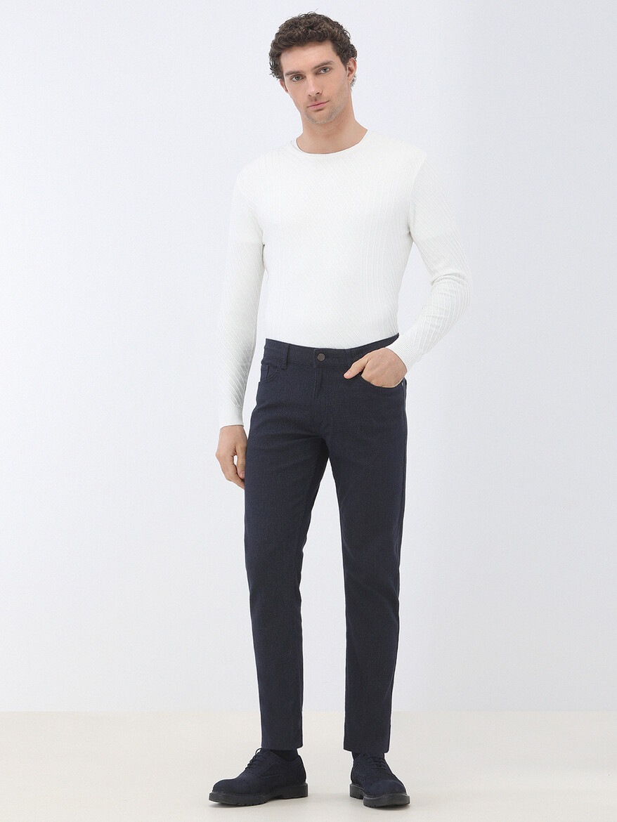 Lacivert Dokuma Slim Fit Casual Pamuk Karışımlı Pantolon - 3