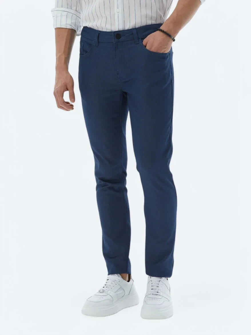 Lacivert Dokuma Slim Fit Casual Pamuk Karışımlı Pantolon - 4
