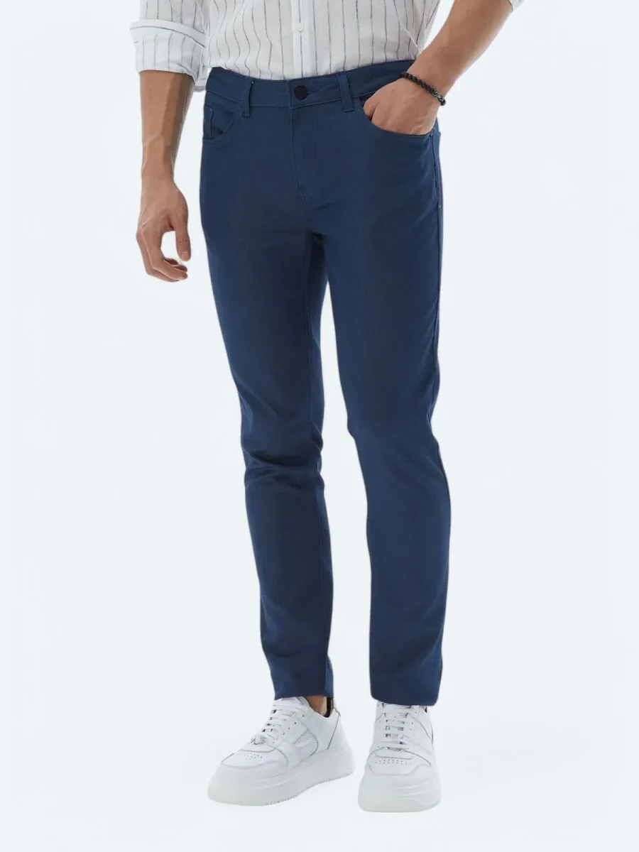 Lacivert Dokuma Slim Fit Casual Pamuk Karışımlı Pantolon - 4