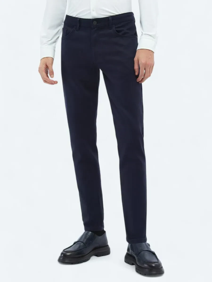Lacivert Dokuma Slim Fit Casual Pamuk Karışımlı Pantolon - 2