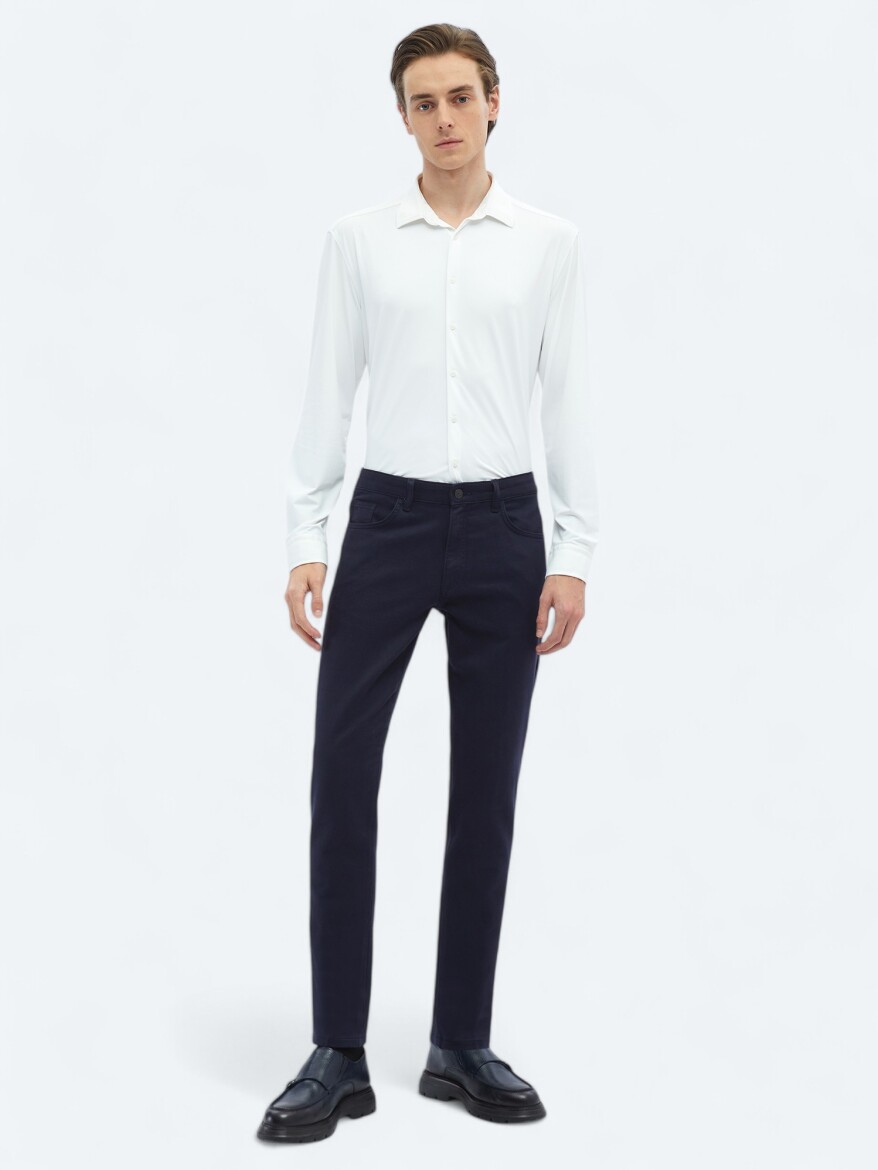 Lacivert Dokuma Slim Fit Casual Pamuk Karışımlı Pantolon 