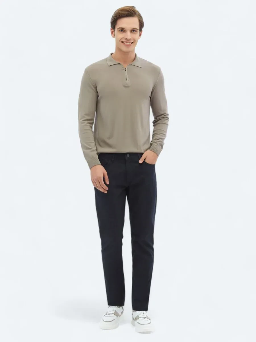 Lacivert Dokuma Slim Fit Casual Pamuk Karışımlı Pantolon - 1