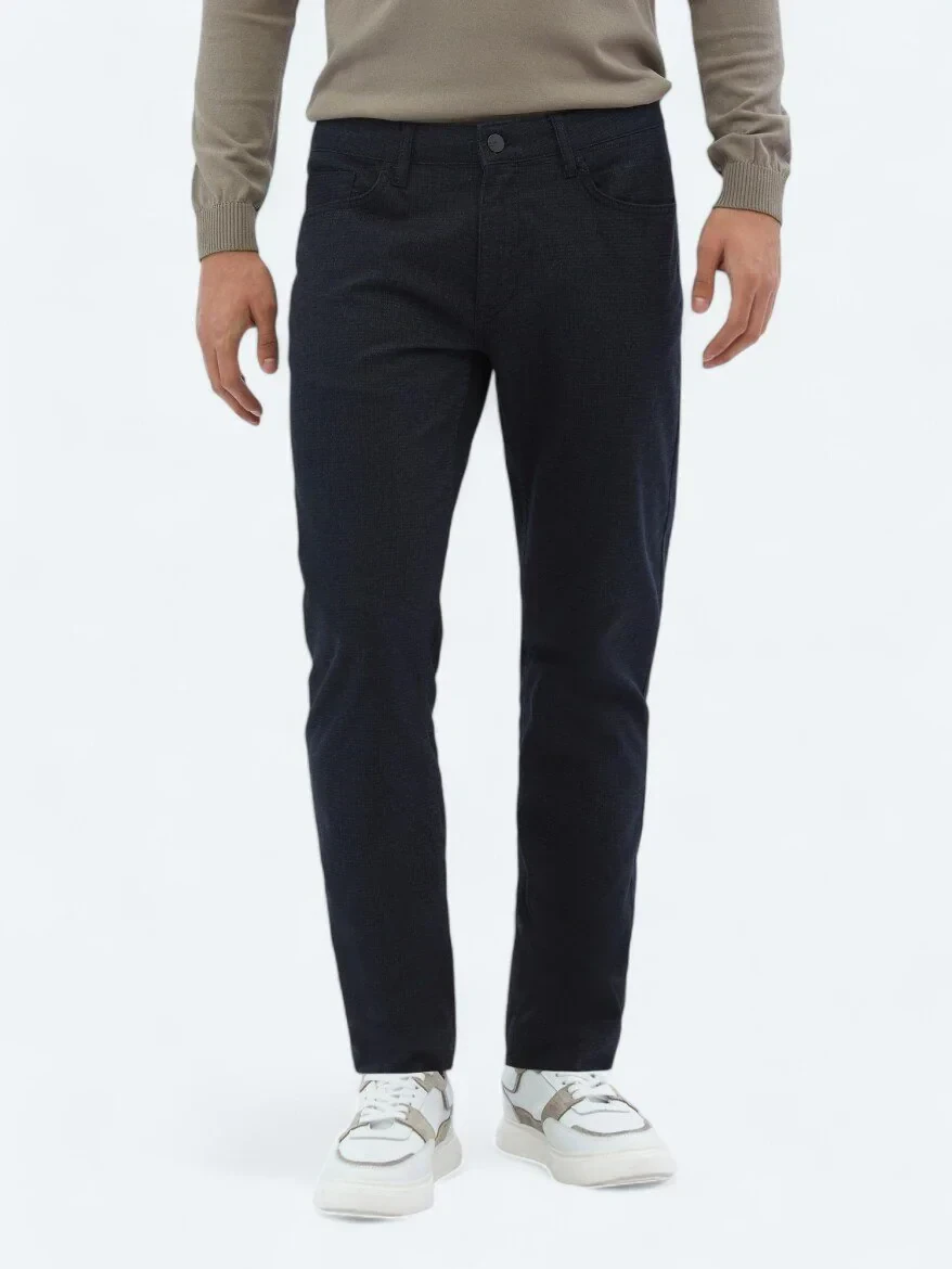 Lacivert Dokuma Slim Fit Casual Pamuk Karışımlı Pantolon - 2
