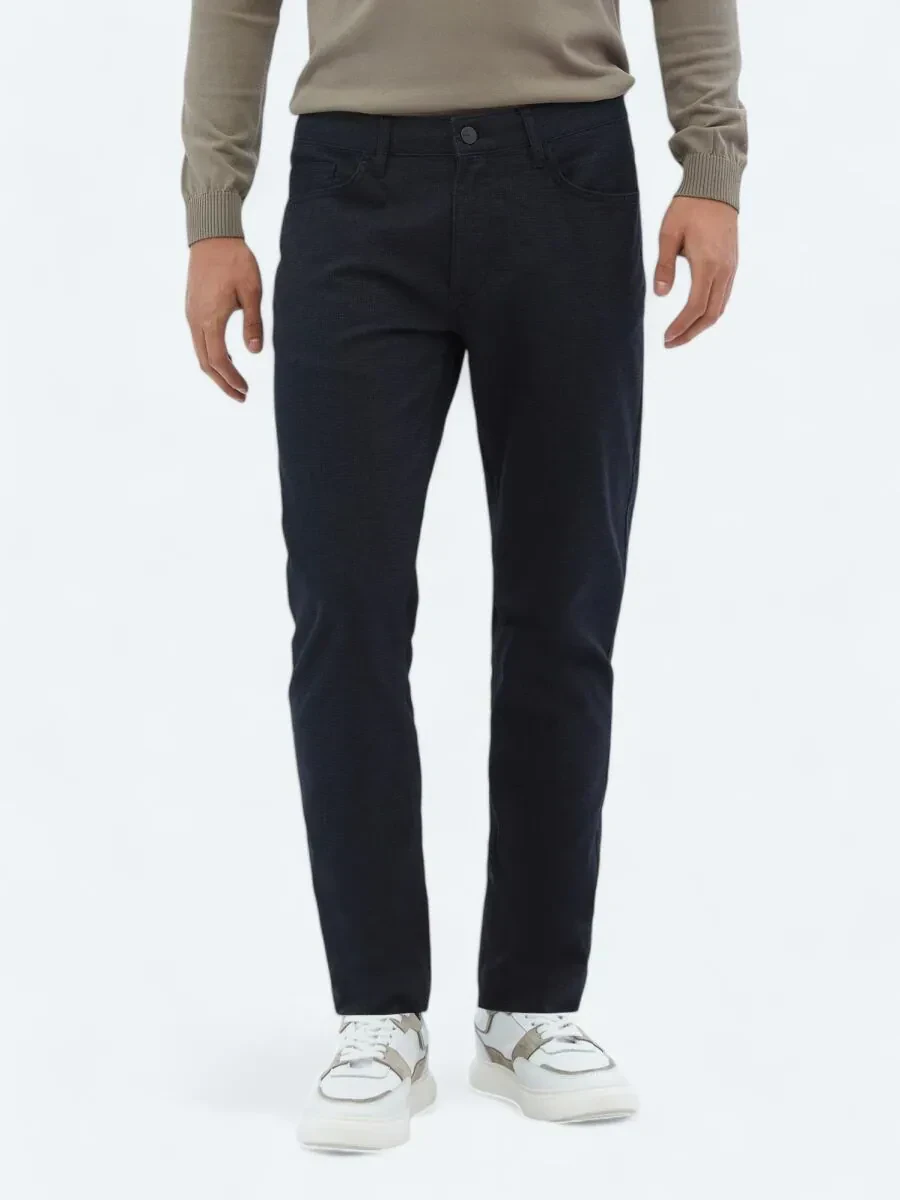 Lacivert Dokuma Slim Fit Casual Pamuk Karışımlı Pantolon - 2