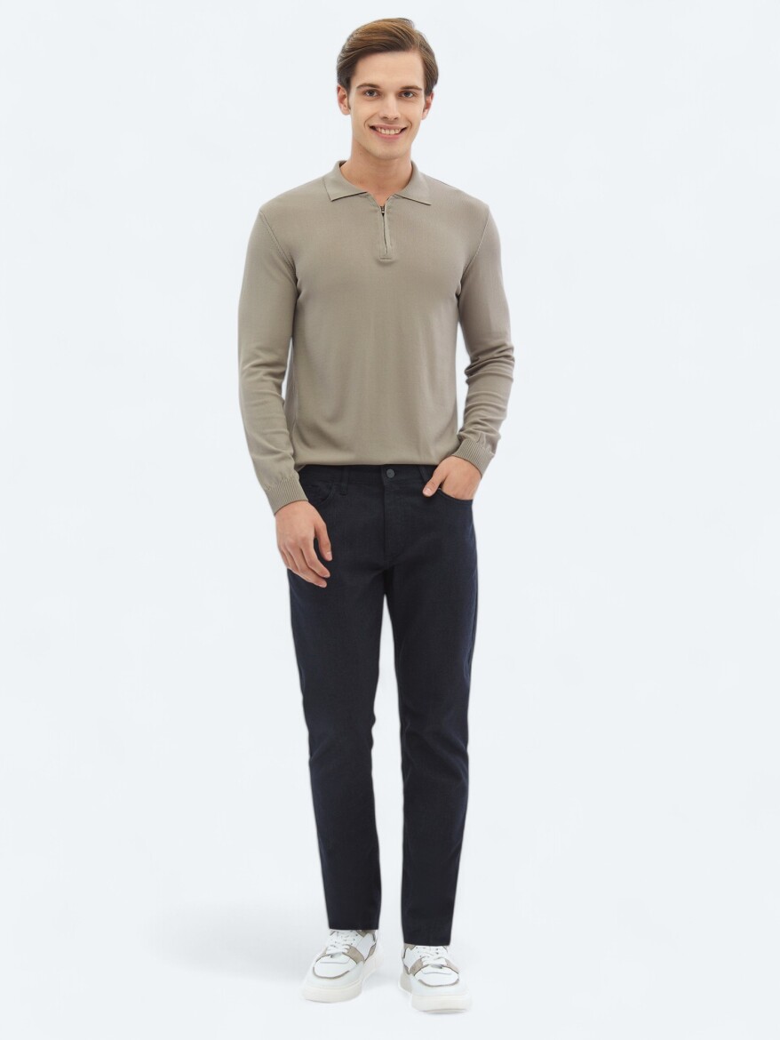 Lacivert Dokuma Slim Fit Casual Pamuk Karışımlı Pantolon - 1