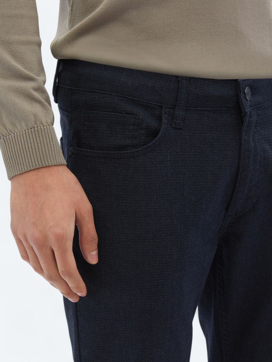 Lacivert Dokuma Slim Fit Casual Pamuk Karışımlı Pantolon - 3