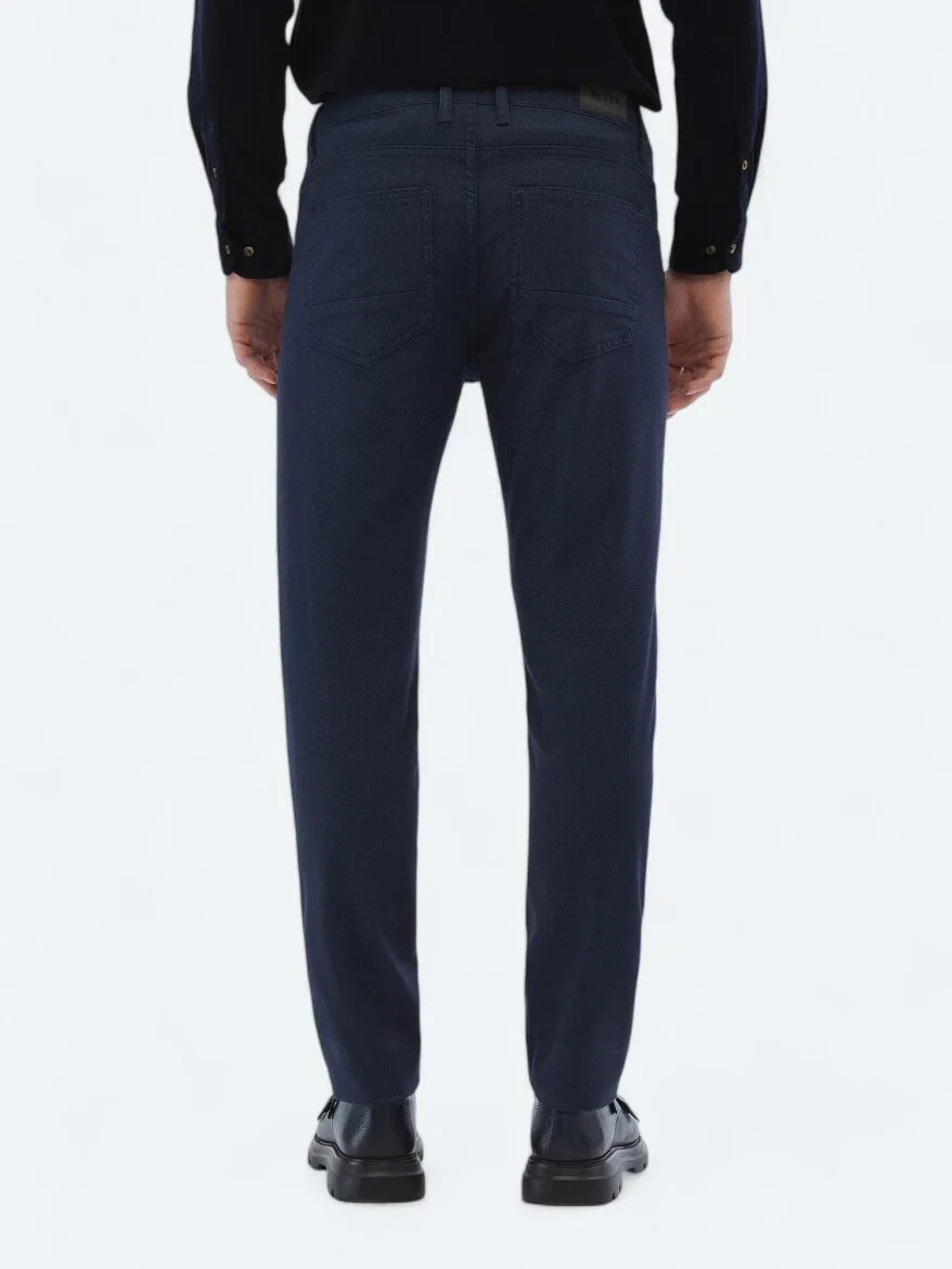 Lacivert Dokuma Slim Fit Casual Pamuk Karışımlı Pantolon - 5