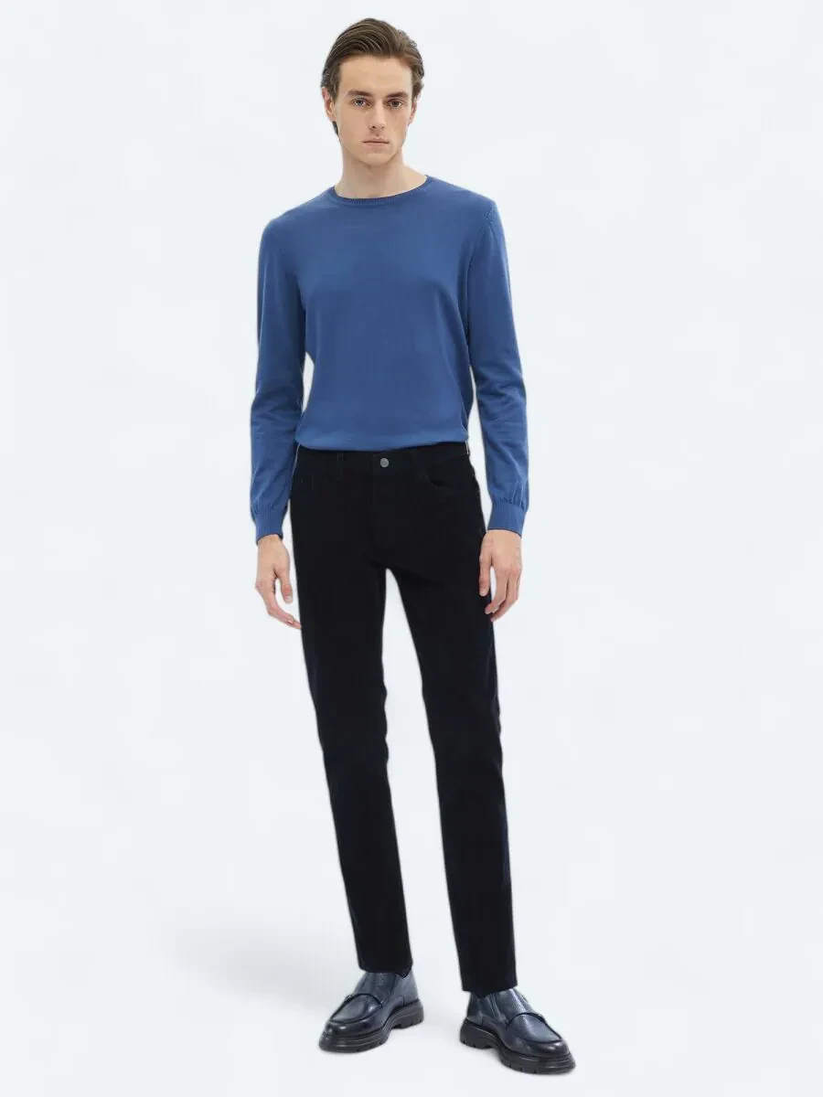 Lacivert Dokuma Slim Fit Kadife Casual Pamuk Karışımlı Pantolon - 1