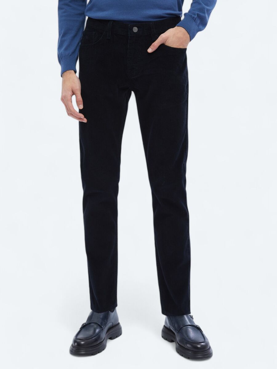 Lacivert Dokuma Slim Fit Kadife Casual Pamuk Karışımlı Pantolon - 2