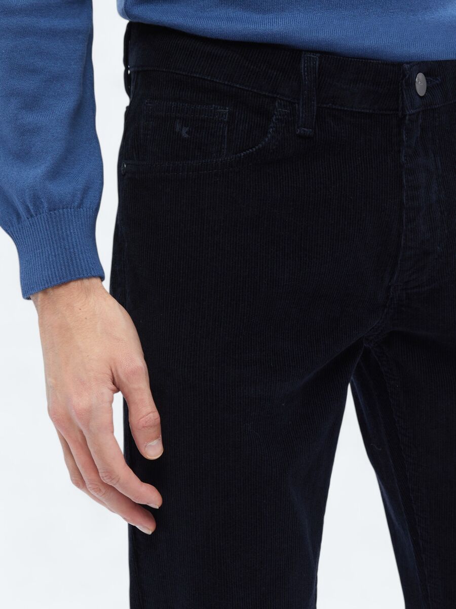 Lacivert Dokuma Slim Fit Kadife Casual Pamuk Karışımlı Pantolon - 3