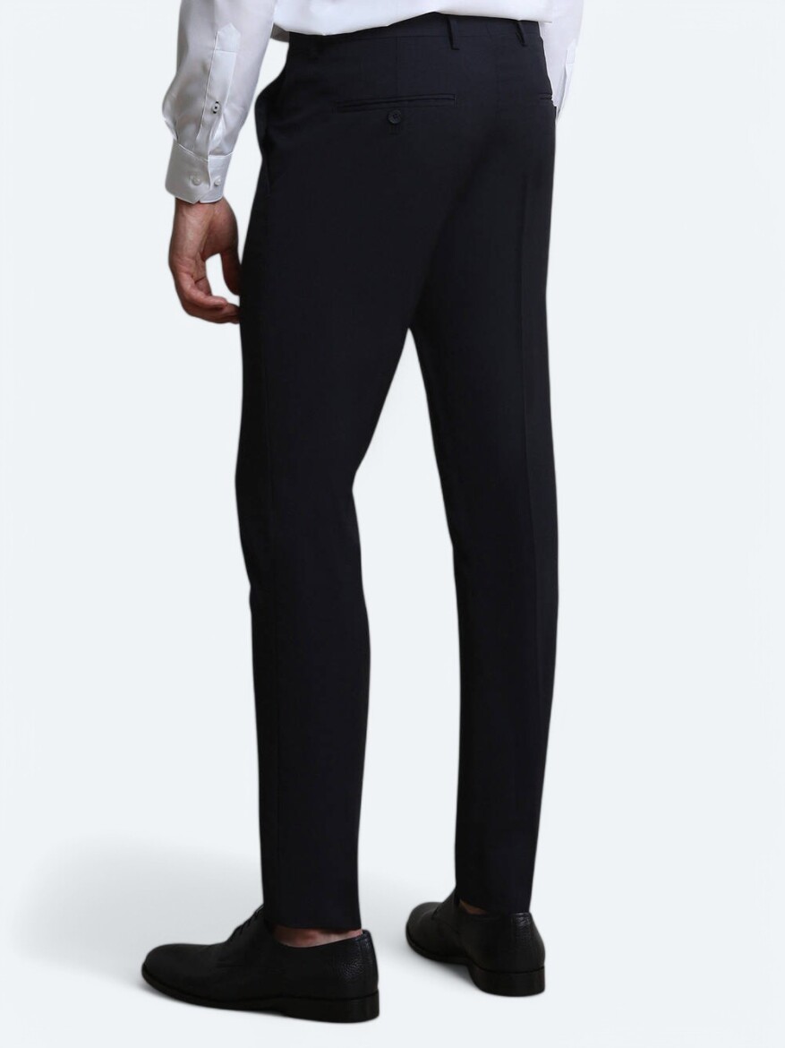 Lacivert Dokuma Slim Fit Klasik Yün Karışımlı Pantolon - 4