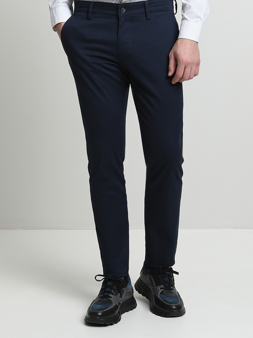 Lacivert Dokuma Slim Fit Smart Casual Pamuk Karışımlı Pantolon - 1