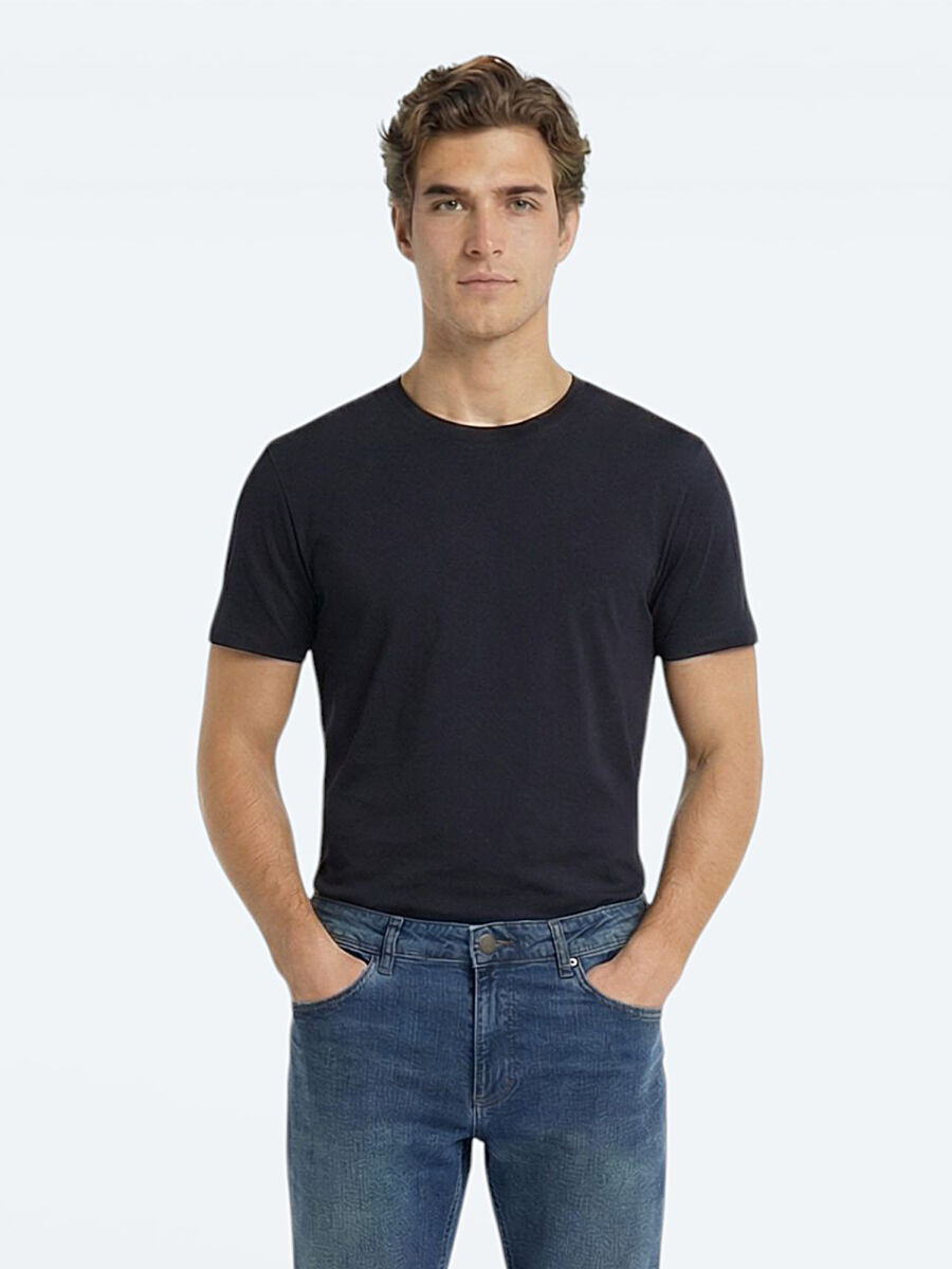 Lacivert Düz %100 Pamuk T-Shirt - 1