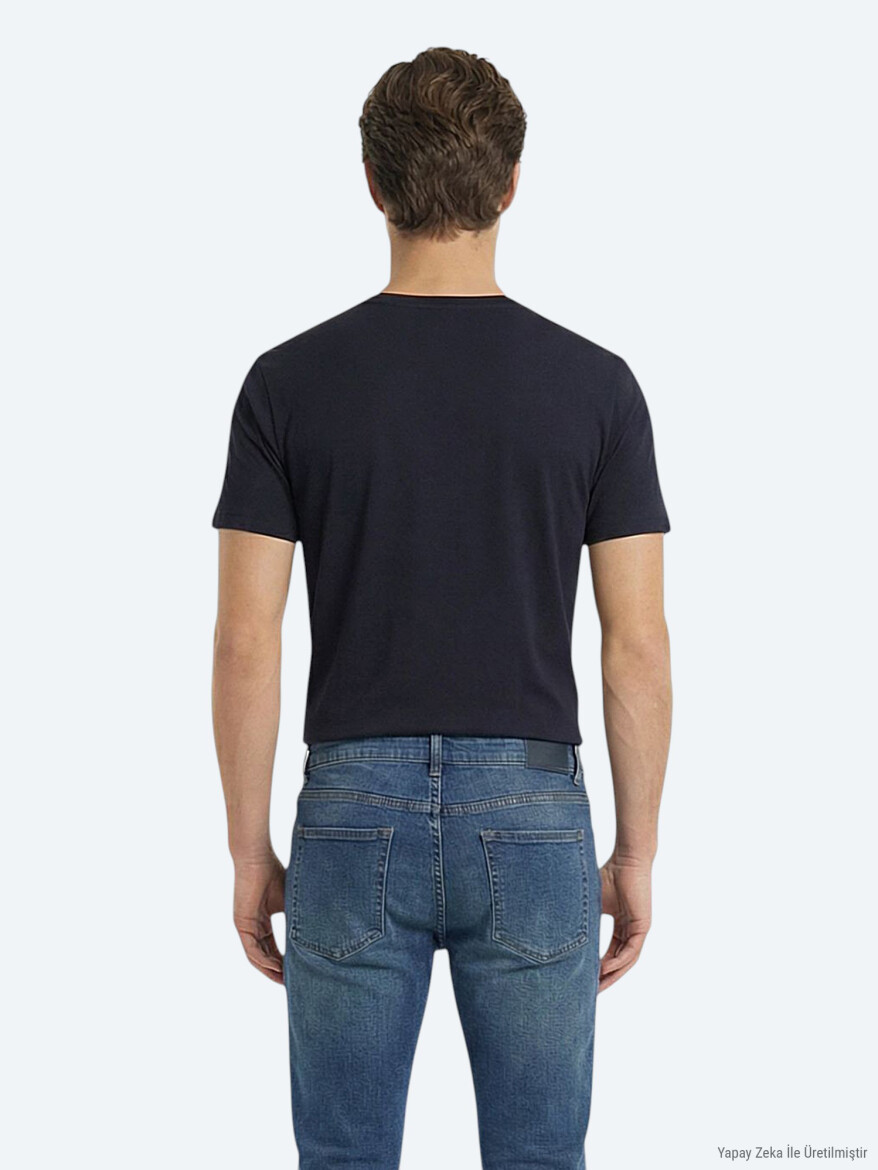 Lacivert Düz %100 Pamuk T-Shirt - 2