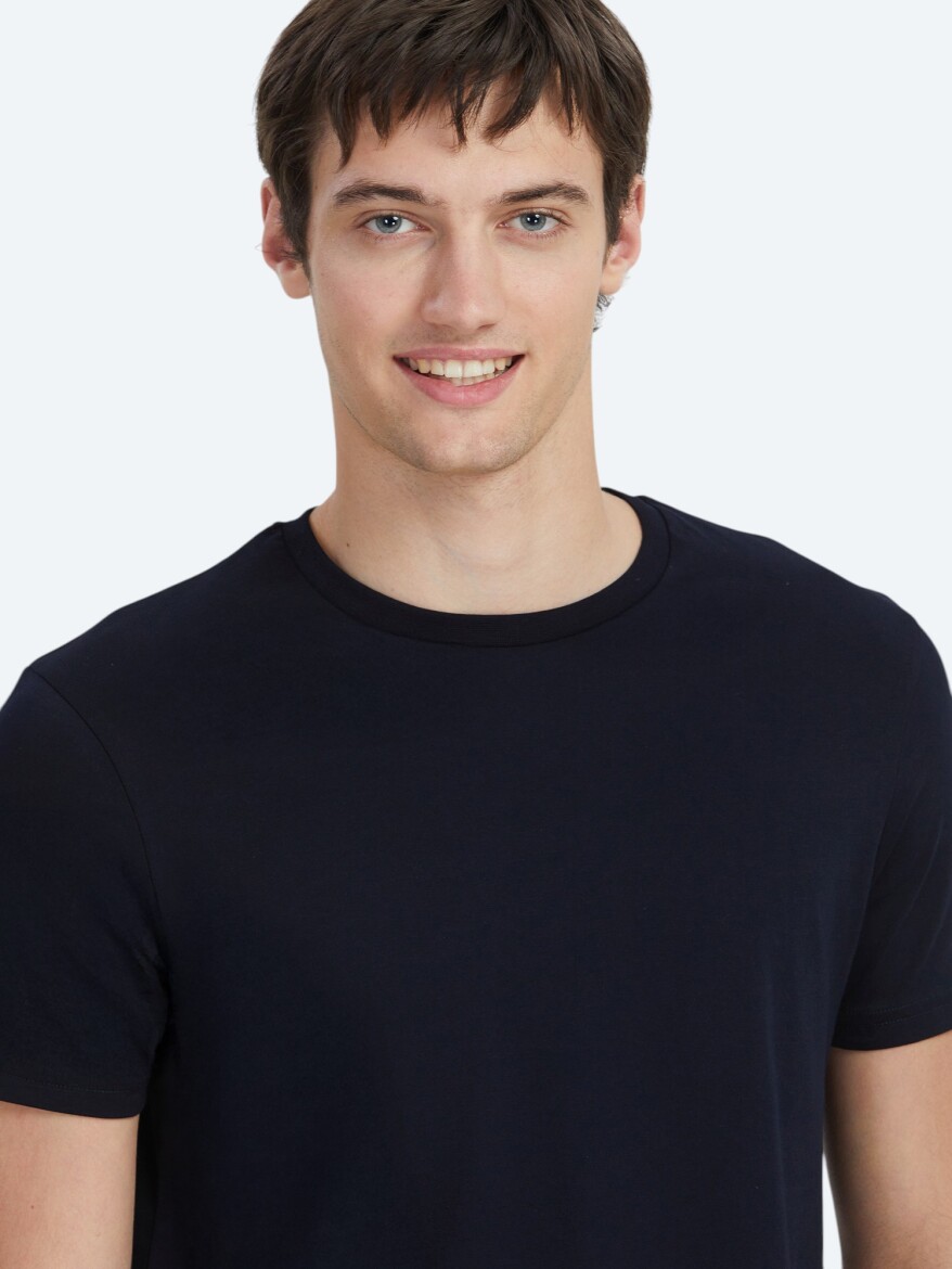 Lacivert Düz Bisiklet Yaka %100 Pamuk T-Shirt - 3