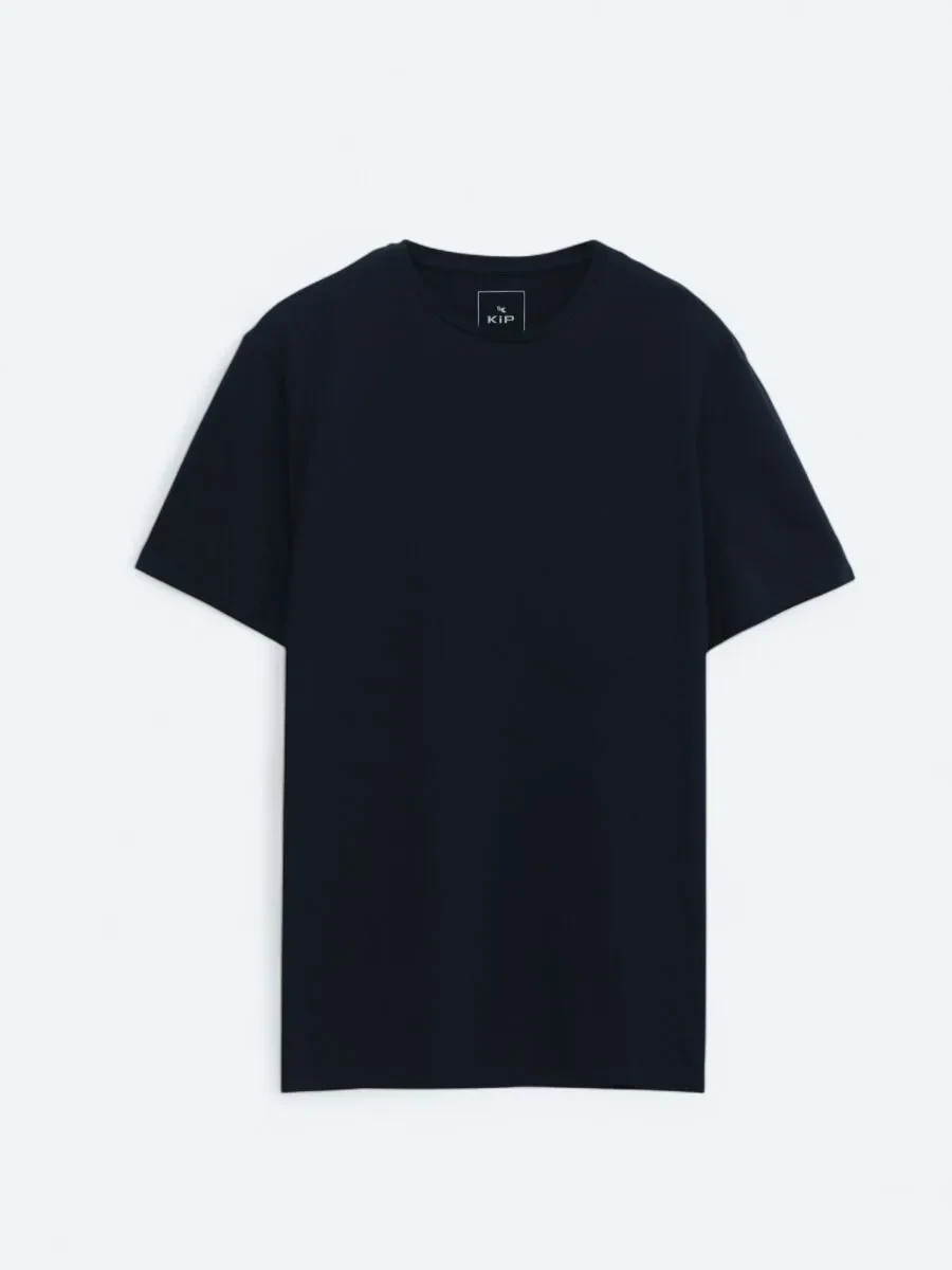 Lacivert Düz Bisiklet Yaka Pamuk Karışımlı T-Shirt - 1
