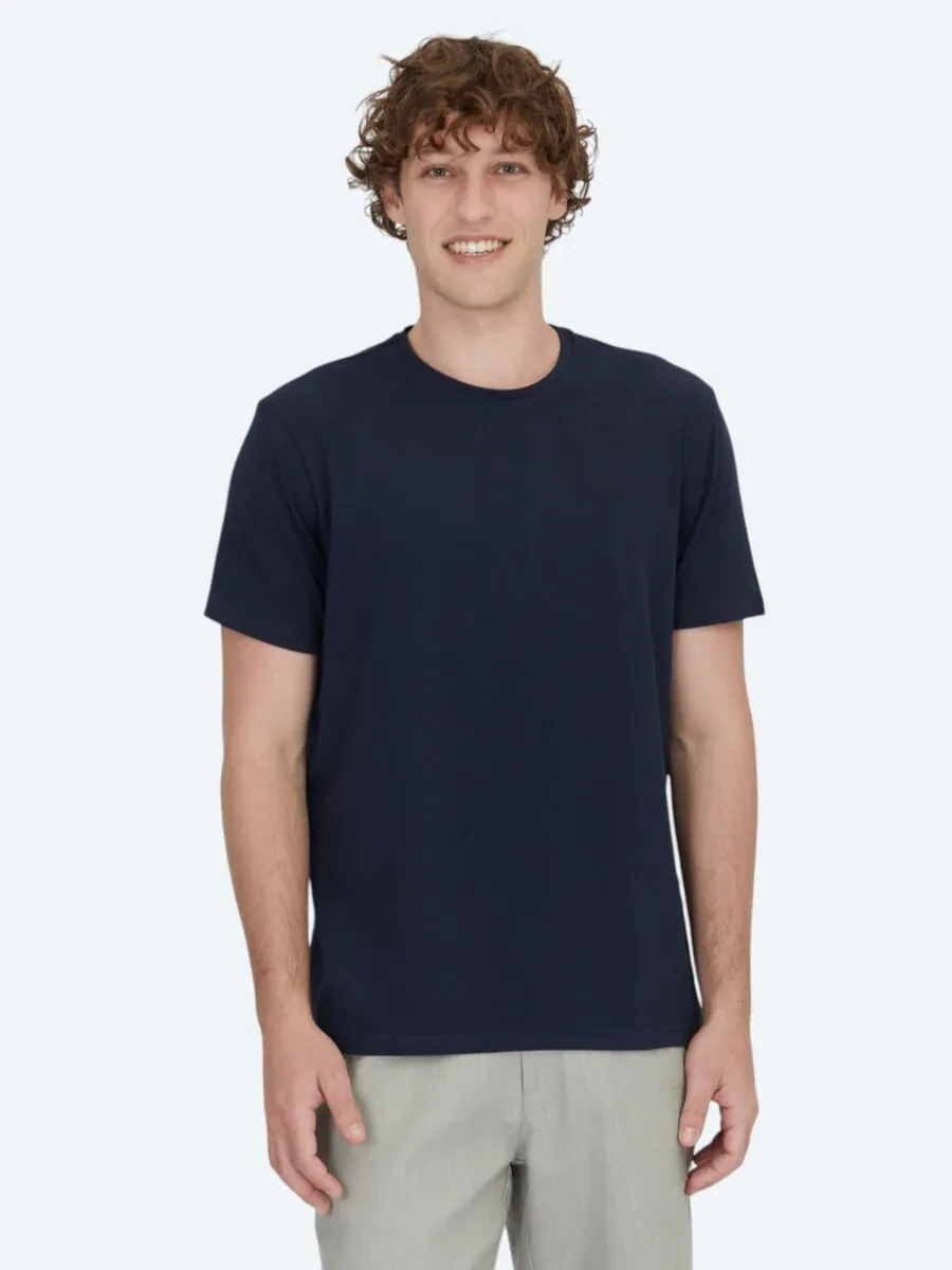 Lacivert Düz Bisiklet Yaka Pamuk Karışımlı T-Shirt - 1