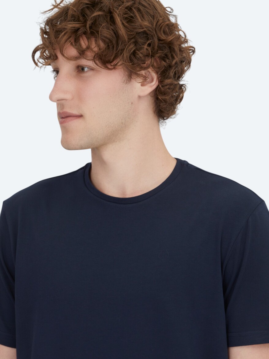 Lacivert Düz Bisiklet Yaka Pamuk Karışımlı T-Shirt - 3