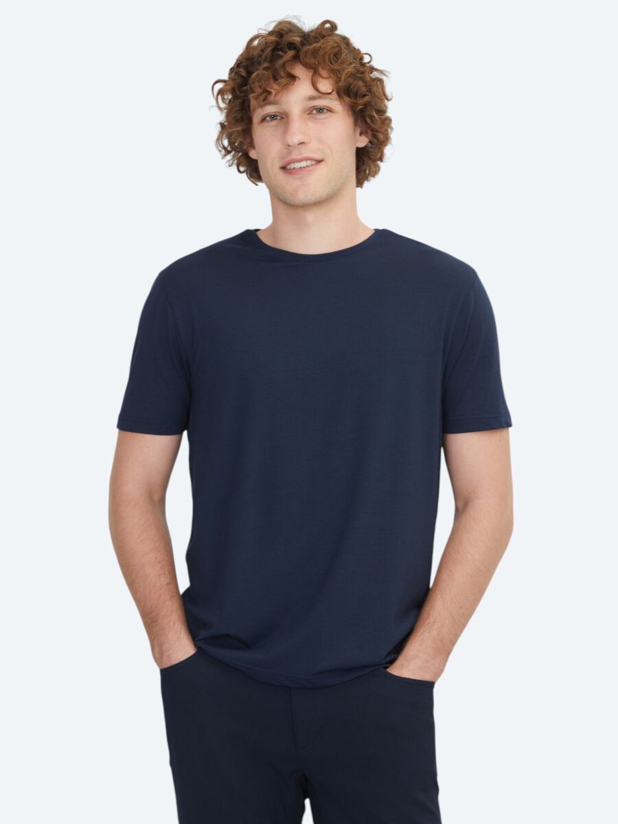 Lacivert Düz Bisiklet Yaka Pamuk Karışımlı T-Shirt - 1