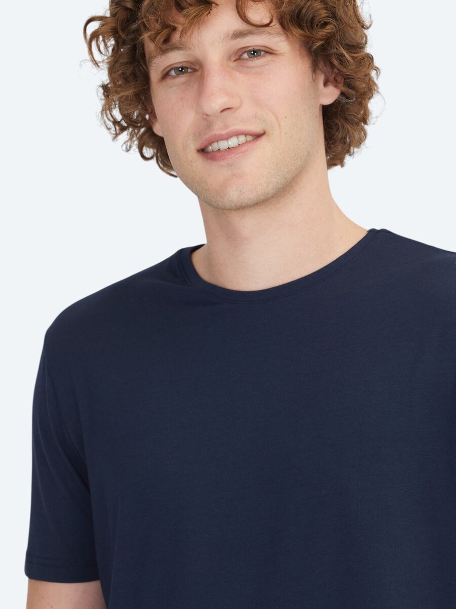 Lacivert Düz Bisiklet Yaka Pamuk Karışımlı T-Shirt - 3