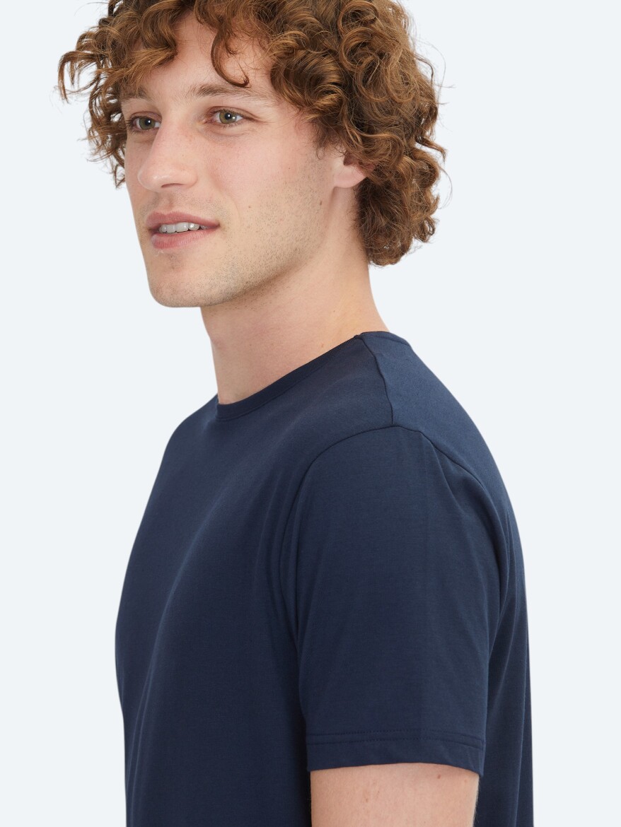 Lacivert Düz Bisiklet Yaka Pamuk Karışımlı T-Shirt - 4