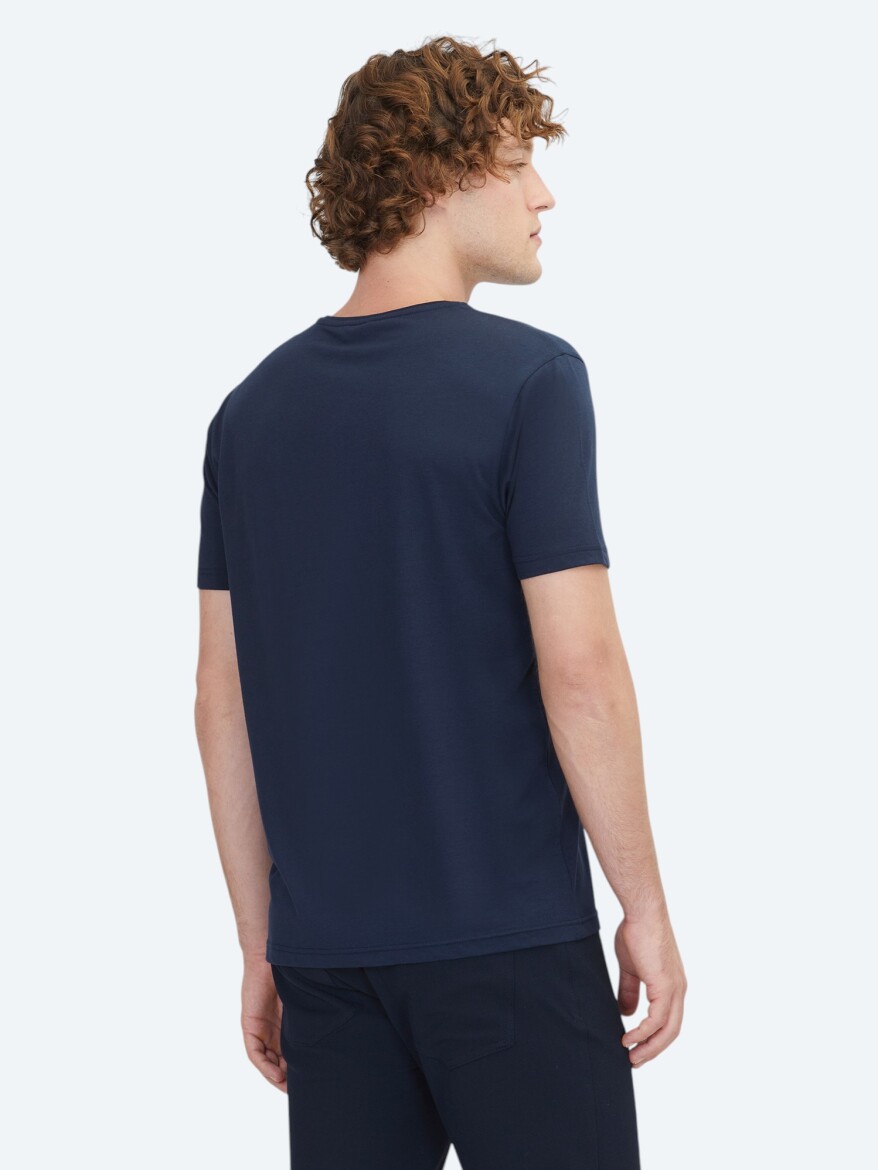 Lacivert Düz Bisiklet Yaka Pamuk Karışımlı T-Shirt - 5