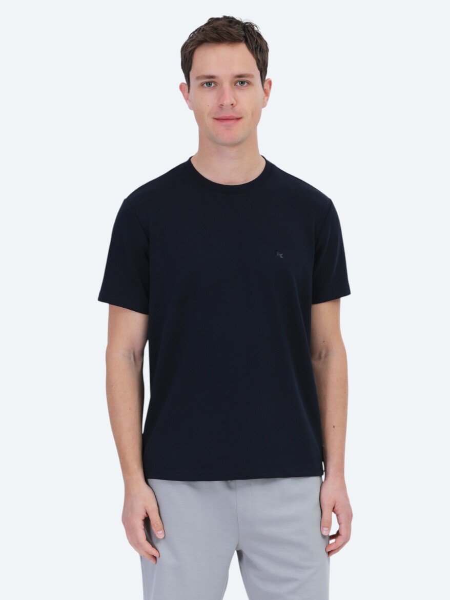 Lacivert Düz Bisiklet Yaka T-Shirt - 1