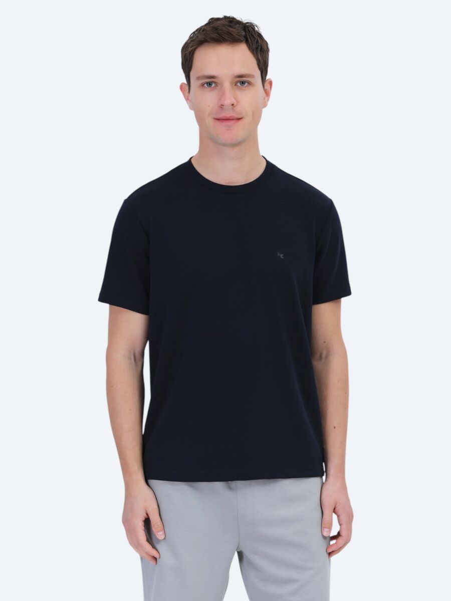 Lacivert Düz Bisiklet Yaka T-Shirt - 1