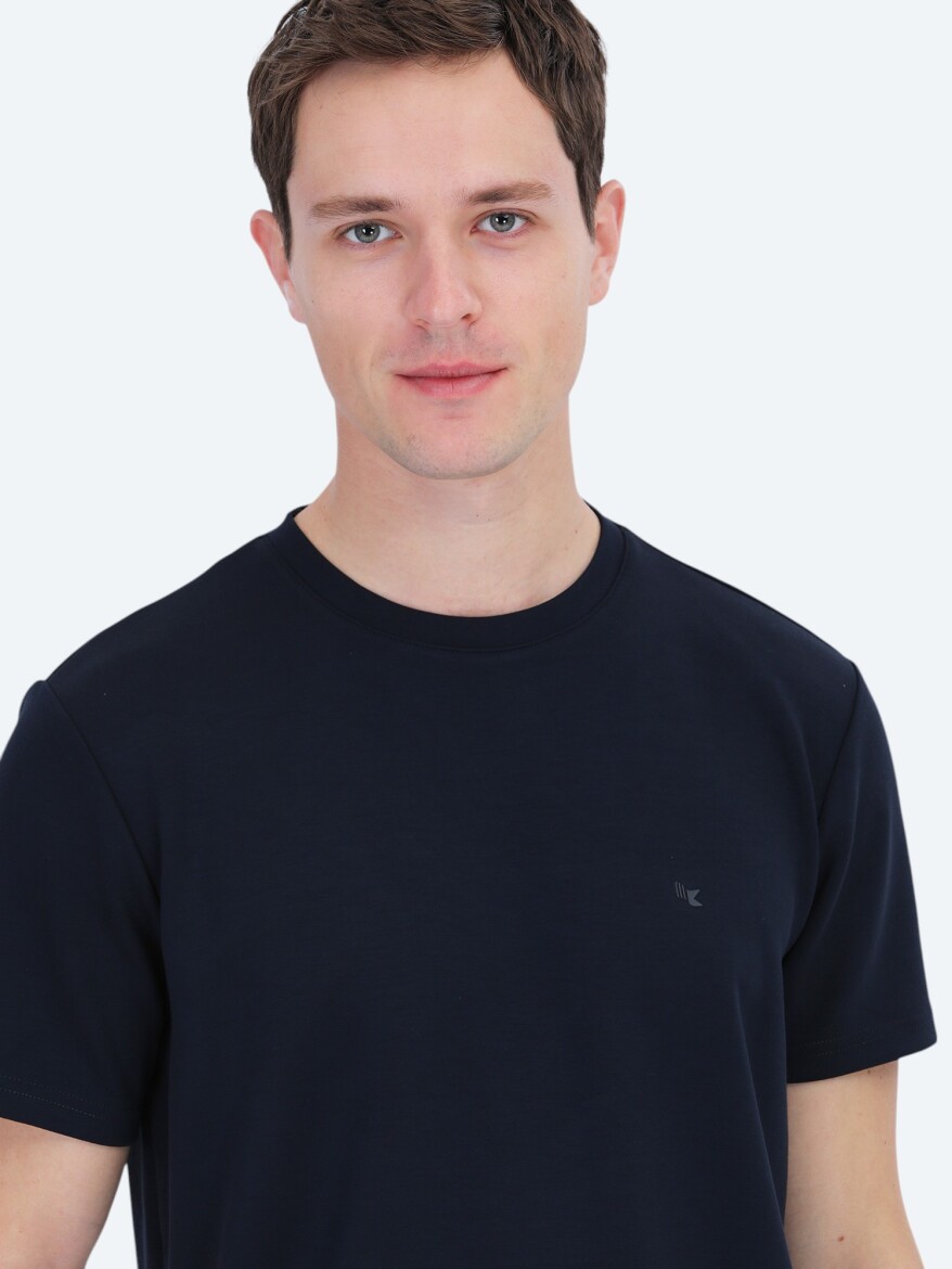 Lacivert Düz Bisiklet Yaka T-Shirt - 4