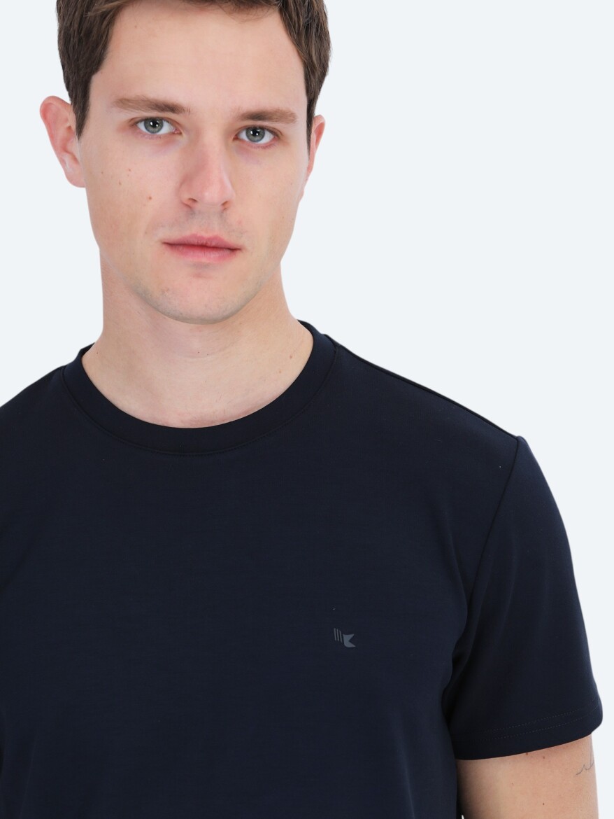 Lacivert Düz Bisiklet Yaka T-Shirt - 5