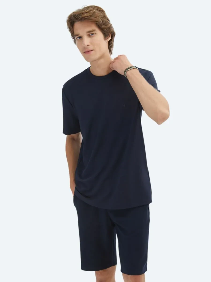 Lacivert Düz Bisiklet Yaka T-Shirt - 3