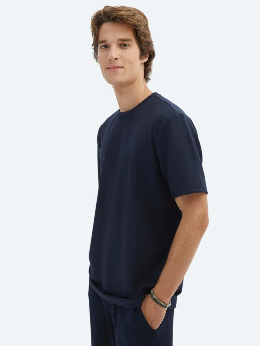 Lacivert Düz Bisiklet Yaka T-Shirt 