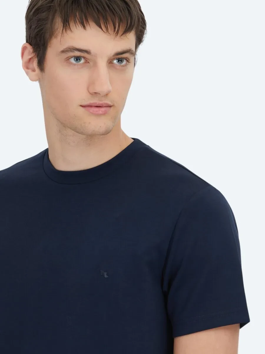 Lacivert Düz Bisiklet Yaka T-Shirt - 4