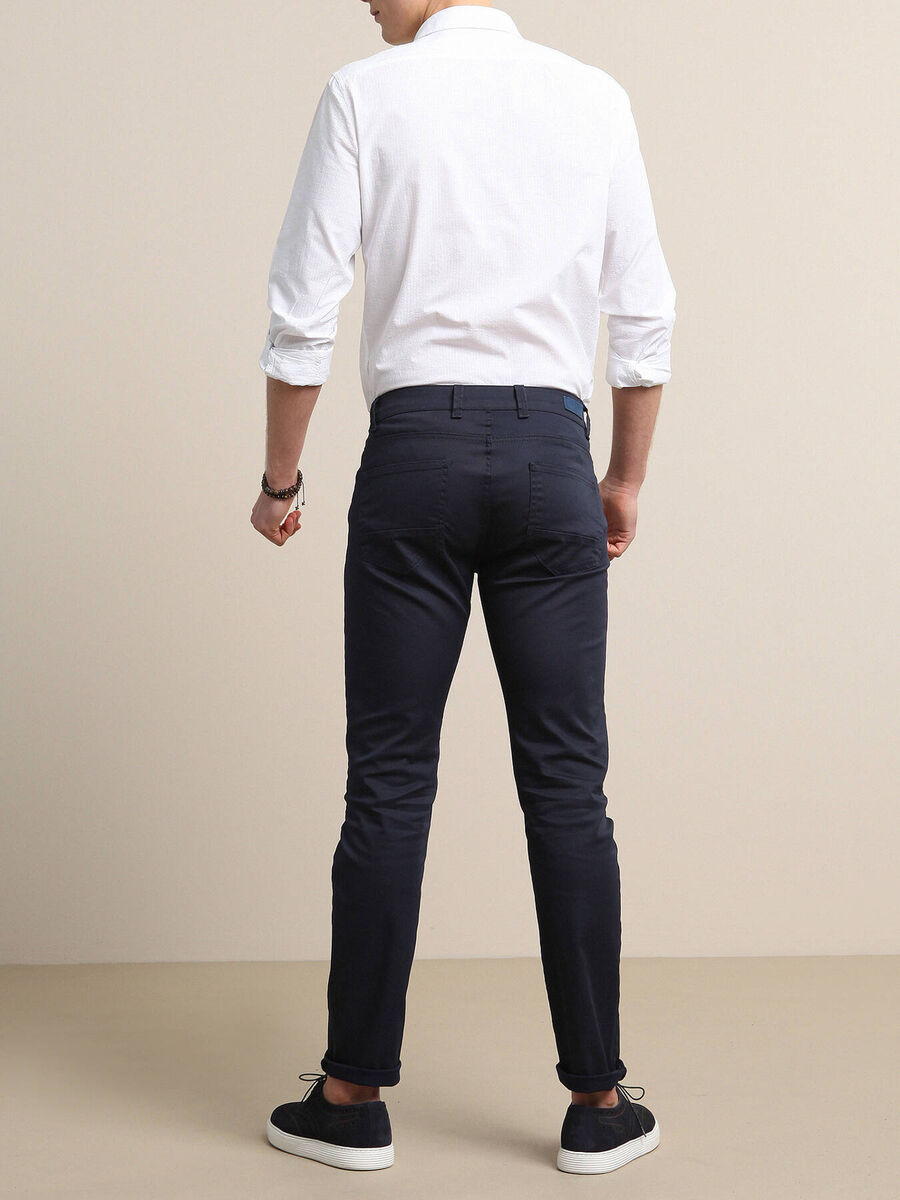 Lacivert Düz Dokuma Fitted Fit Casual Pamuk Karışımlı Pantolon - 3