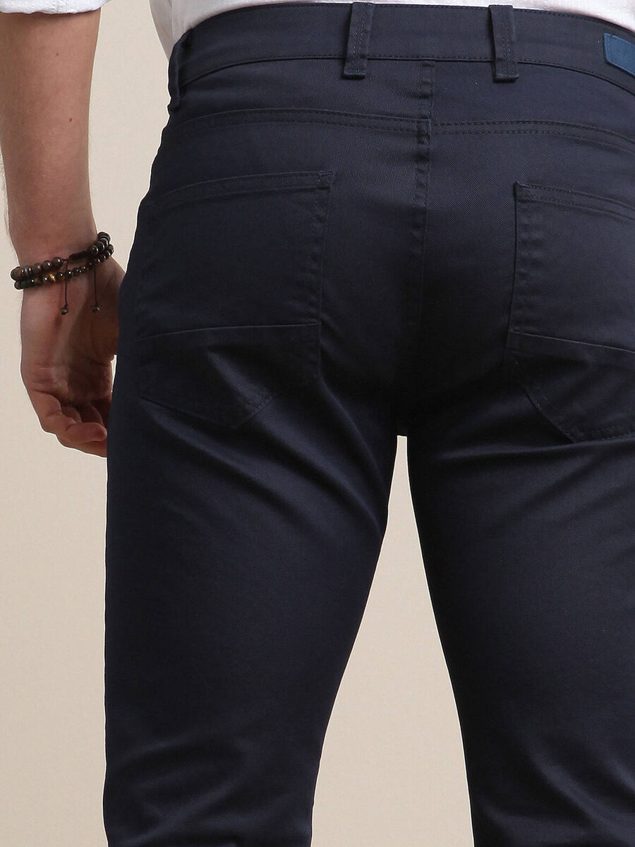 Lacivert Düz Dokuma Fitted Fit Casual Pamuk Karışımlı Pantolon - 5